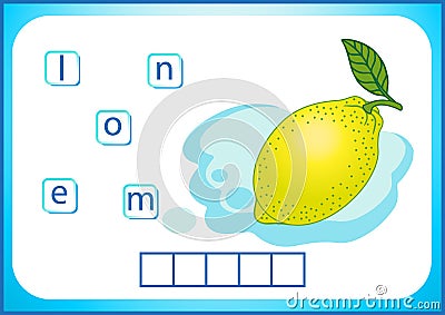 School education. English flashcard for learning English. We write the names of vegetables and fruits. Words is a puzzle game for Vector Illustration