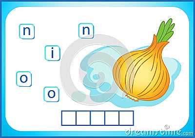 School education. English flashcard for learning English. We write the names of vegetables and fruits. Words is a puzzle game for Vector Illustration