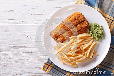 English food: fried fish in batter with chips. horizontal top vi Stock Photo