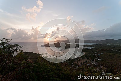 English Harbour from Shirley Heights at Sunset. Stock Photo