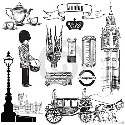 English icon set. London symbols, England, UK, Europe. Hand draw Cartoon Illustration