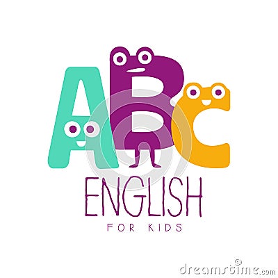 English for kids logo symbol. Colorful hand drawn label Vector Illustration