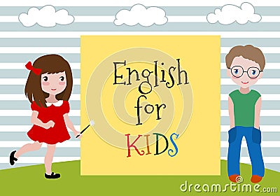 English for Kids. Vector Illustration of the two kids learning english. Language School for children. Vector Illustration