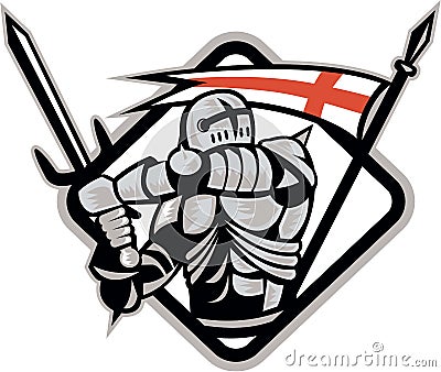 English Knight Fighting Sword England Flag Retro Vector Illustration