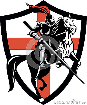 English Knight Riding Horse England Flag Retro Vector Illustration