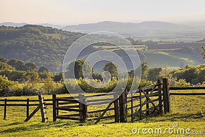 English landscape with gate at sunset Stock Photo