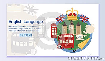 English language banner web design vector illustration. Learning foreign language online via Internet Discover English Vector Illustration