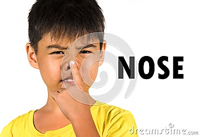 English language learning card with portrait of 8 years old child touching and pointing nose with his finger as part of school Stock Photo