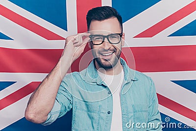 English language learning concept-portrait of cheerful man with Stock Photo