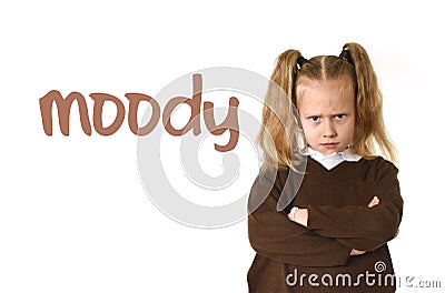 English language learning vocabulary school card with word moody and sweet young schoolgirl Stock Photo