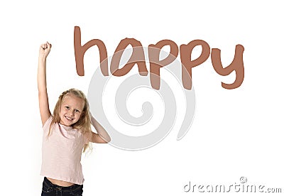 English language learning vocabulary school card of young beautiful happy female child excited Stock Photo