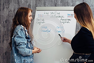 English language school. Lesson, teacher and student talking. Stock Photo