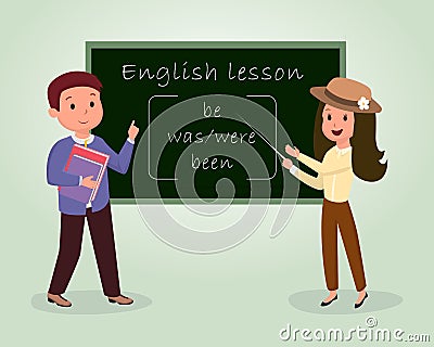 English lesson flat vector illustration. Tutor explaining, pointing at blackboard, English native speaker holding books Vector Illustration