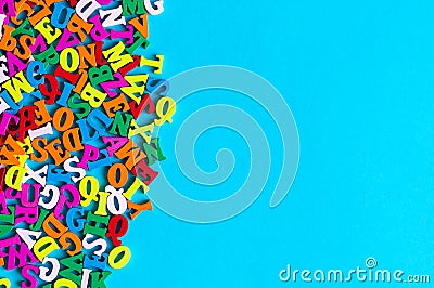 English letters on blue background composed from colorful abc alphabet leter. Back to school concept or Learning english Stock Photo