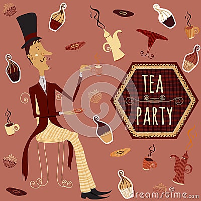 English man drinking tea. Vintage hand drawn card tea time elements collection with cake, cup, teapot Vector Illustration