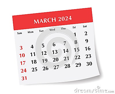 ENGLISH March 2024 calendar. Vector illustration Vector Illustration