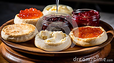 English muffin adorned with spreads, creamy butter and strawberry jam, a delightful flavors Stock Photo