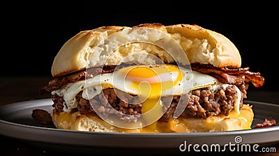 Close up of an English Toast with Meat, Eggs and Cheese in front of a dark Background. Stock Photo