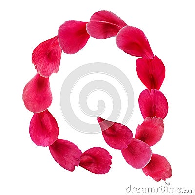 English natural floral letter Q isolated on white background. The symbol of the Latin alphabet, created from bright petals of a Stock Photo