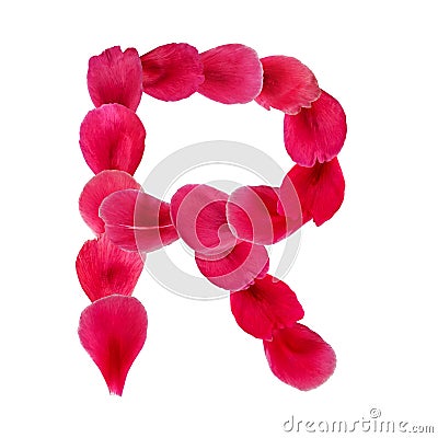 English natural floral letter R isolated on white background. The symbol of the Latin alphabet, created from bright petals of a Stock Photo