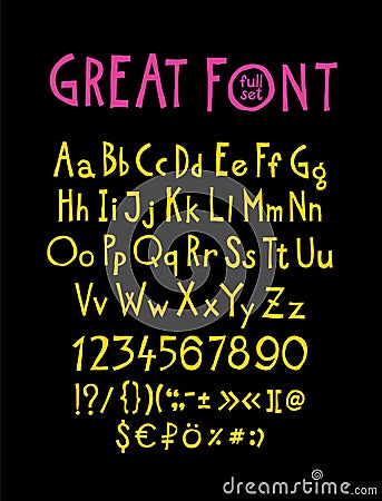 English, original display font. Vector. Author`s alphabet. A complete set of signs, numbers, capital and lowercase Latin letters. Vector Illustration