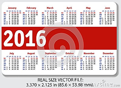 English pocket calendar for 2016 Vector Illustration