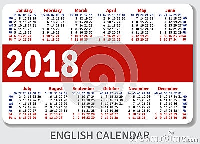 English pocket calendar for 2018 Vector Illustration