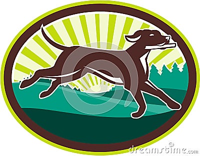 English Pointer Dog Fetching Stick Oval Retro Vector Illustration