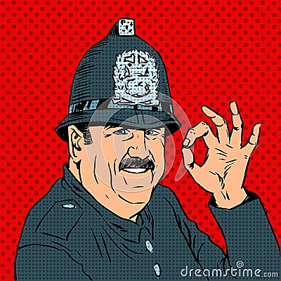 English policeman in uniform and helmet shows Vector Illustration