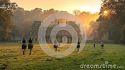 English Polo players are riding horses back to stables after a game at sunset. Beautiful English countryside landscape Stock Photo