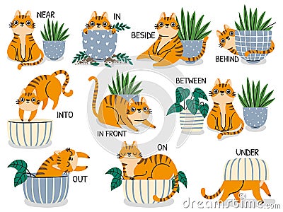 English prepositions. Educational visual material for kids learning language. Cute cat behind, above, near and under Vector Illustration