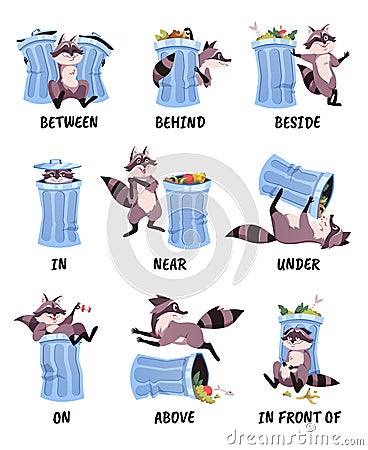 English prepositions. Funny raccoon and garbage can, language vocabulary demonstration, visual kids training, cute Vector Illustration