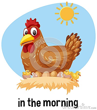 English prepositions of time with morning scene Vector Illustration