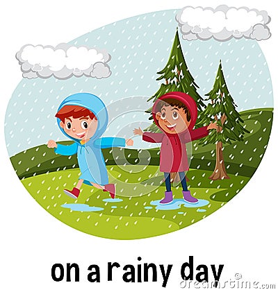 English prepositions of time with raining scene Vector Illustration