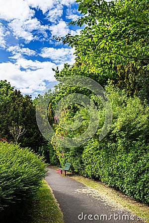 English Public Garden at late Spring with Blooming Rhododendrons Stock Photo