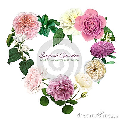 English rose wreath, pink and white flowers Vector Illustration