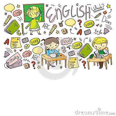 English school for children. Learn language. Education vector illustration. Kids drawing doodle style image. Vector Illustration