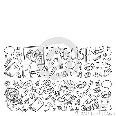 English school for children. Learn language. Education vector illustration. Kids drawing doodle style image. Vector Illustration