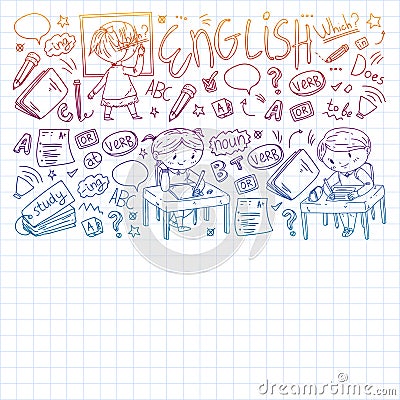 English school for children. Learn language. Education vector illustration. Kids drawing doodle style image. Vector Illustration