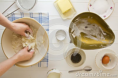 English Scones ingredients above, rubbing in butter Stock Photo