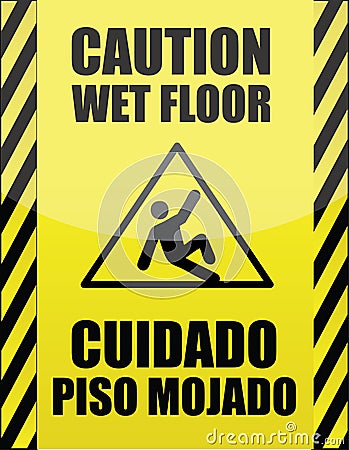 English and Spanish wet floor sign Cartoon Illustration