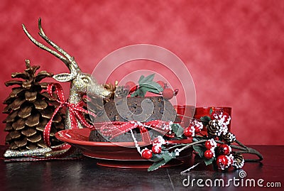 English style Christmas Plum Pudding dessert with traditional festive decorations Stock Photo