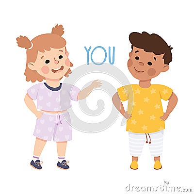 English Subject Pronoun with Funny Boy and Girl Demonstrating You Word Vector Illustration Vector Illustration