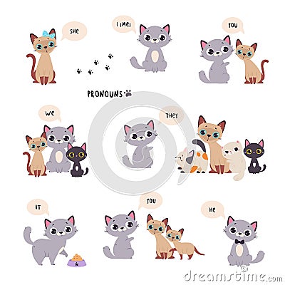 English Subject Pronoun with Funny Cat and Kitten Vector Set Vector Illustration