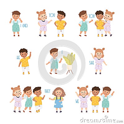 English Subject Pronouns with Funny Little Children Demonstrating Linguistics Rule Vector Set Vector Illustration