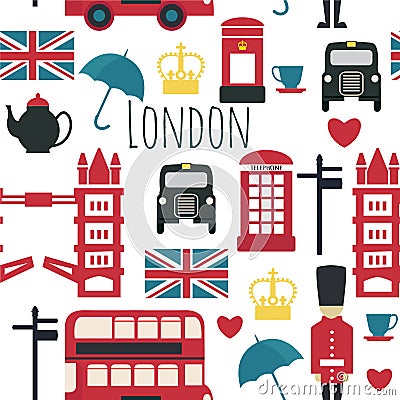 English symbols: taxi, post box, telephone, teapot and cup ,Double Decker Bus, lamp. Stock Photo