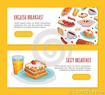 English tasty breakfast landing page templates set. Traditional morning dishes horizontal web banner, website cartoon Vector Illustration