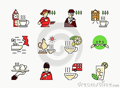 English tea icon set with madame Vector Illustration