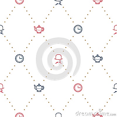 English tea party elegant red and blue on white line vector pattern. Vector Illustration