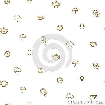 English tea party simple gold on white line vector pattern. Vector Illustration